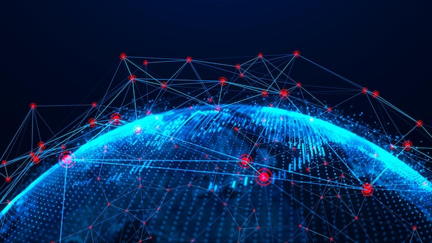 글로벌 네트워크 개념 세계 지도 지점 글로벌 네트워크 행성 지구 3D 렌더링
