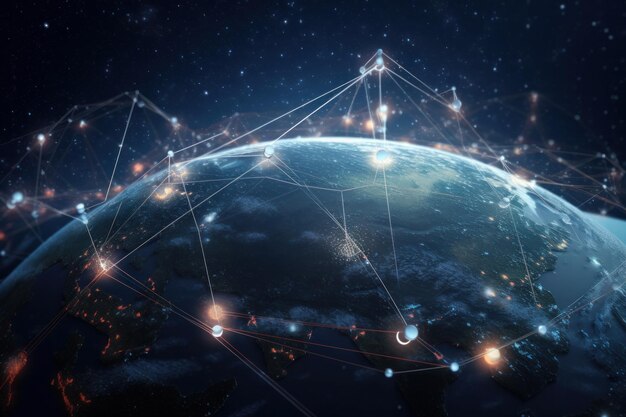 세계 지도에 중첩된 연결된 노드의 글로벌 네트워크