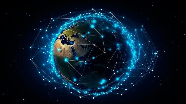 Concetto di connessione di rete globale con mappa del mondo su sfondo scuro