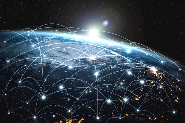 Global network connection covering the earth with lines of innovative perception