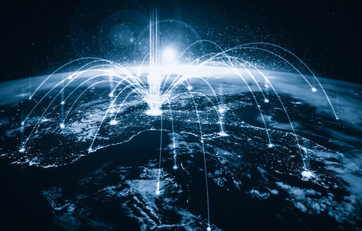 Photo global network connection covering the earth with lines of innovative perception