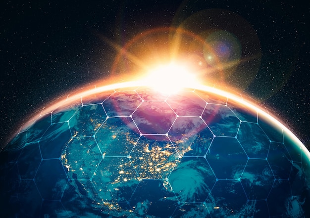 혁신적인 인식의 선으로 지구를 덮는 글로벌 네트워크 연결