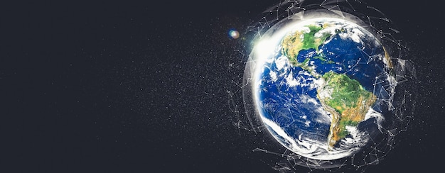 Global network connection covering the earth with lines of innovative perception