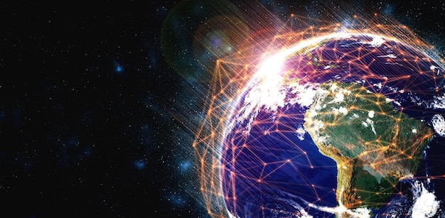 Global network connection covering the earth with lines of innovative perception