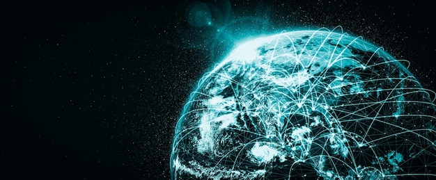 Global network connection covering the earth with lines of innovative perception