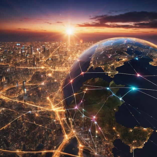 写真 夕暮れの地球上のグローバルネットワーク接続 3dレンダリング