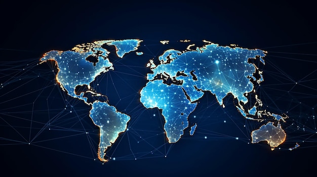 글로벌 네트워크 연결 세계 지도 구성 및 글로벌 비즈니스 개요 개념