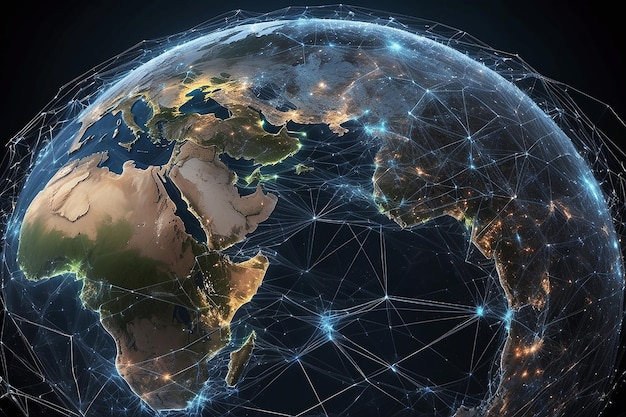 글로벌 네트워크 연결 월드 와이드 웹 지구 주변의 선과 지점의 연결