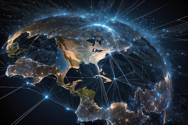 글로벌 네트워크 연결 지구 주위의 선과 점의 World Wide Web 연결