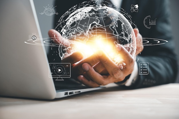global network connections and innovative technology resonate as earth is cradled in human hands portrays concepts of science communication and energysaving background big data analytics