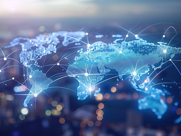 Global Network Glow hightech wereldkaart met verbindingen en knooppunten die wereldwijde communicatie vertegenwoordigen