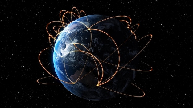 Global network and internet connection in orbital earth globe