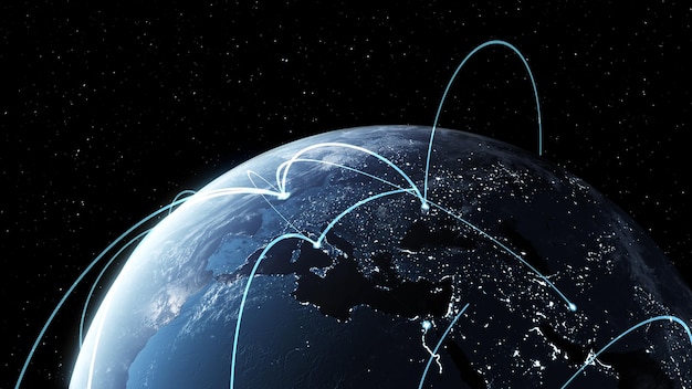 Global network and internet connection in orbital earth globe
