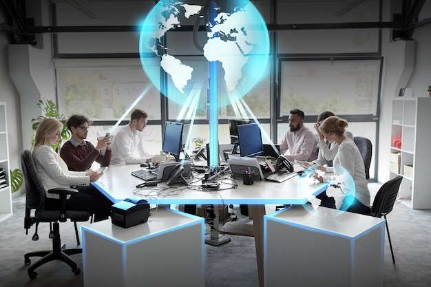 global network, technology and people concept - business team with smartphones and computers working at office