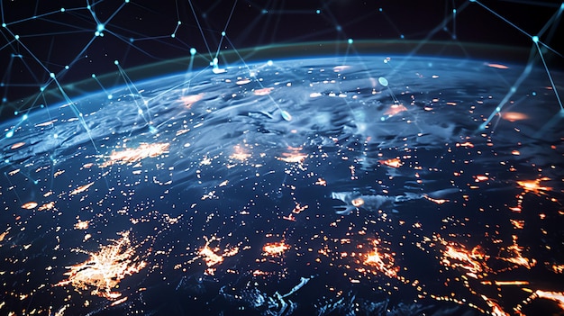 global night time planet earth cyberspace connectivity with digital network and geographical map