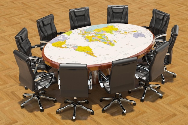 Global political meeting concept Round table with political map of Earth and armchairs around 3D rendering