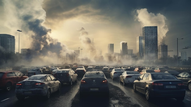 The global problem of car exhaust pollution fuel recycling waste in the air smog dirty Cars