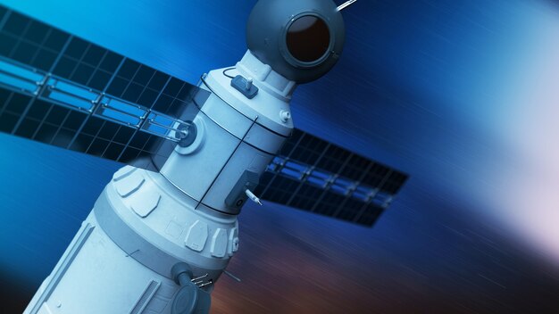 Global satellite system. Communication satellite on futuristic space background