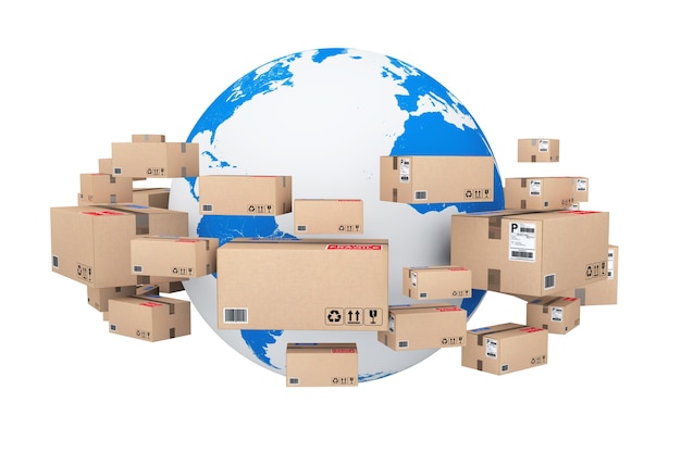 Photo global shipping and logistic concept. earth globe surrounded by cardboard boxes with parcel goods on a white background. 3d rendering.