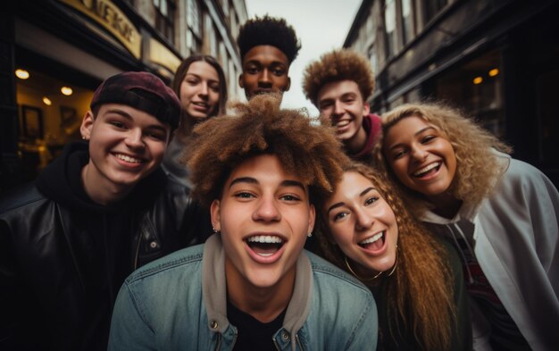 Foto sorrisi globali che catturano la gioia nei selfie di gruppo di giovani allegri e felici di diverse nazionalità che celebrano l'unità l'amicizia l'armonia culturale in momenti condivisi di felicità e solidarietà