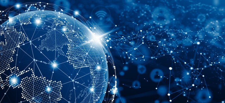 Photo グローバルソーシャルネットワークとビジネス接続の概念。世界とネットワークのイラスト。インターネットとテクノロジーの未来。スペースをコピーします。