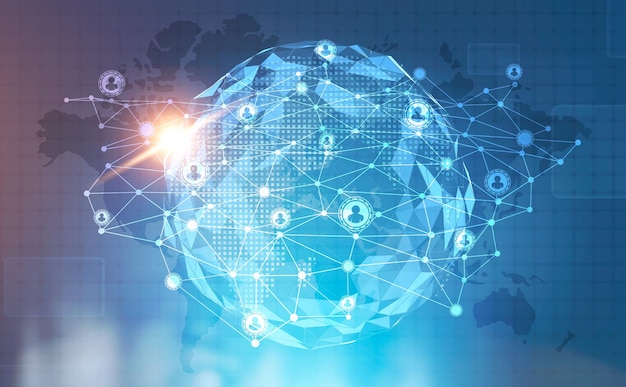 global social network for business glowing immersive interface against earth globe and a blurred office background. toned image double exposure mock up. elements of this image furnished by nasa