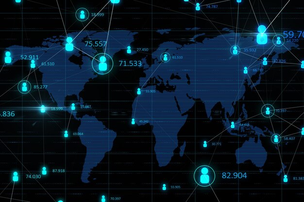 Global social network and stats data concept with bright blue digital user icons on dark world map background 3D rendering