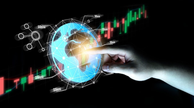 Global stock market chart pressed by finger