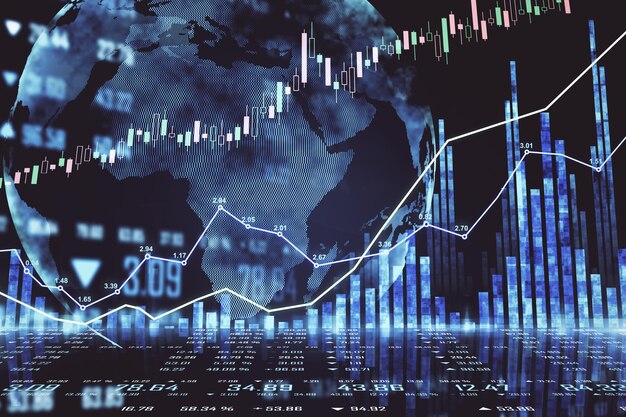 Концепция глобального фондового рынка с круговой картой мира, финансовой диаграммой и диаграммой на темном фоне 3D-рендеринга
