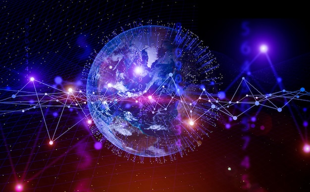 Global technologies data on the world map banner background 3d computer network covering the planet