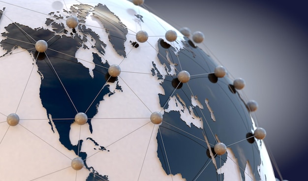 Фото Глобальные телекоммуникации и облачные вычисления. сеть и интернет-концепция и карта мира.