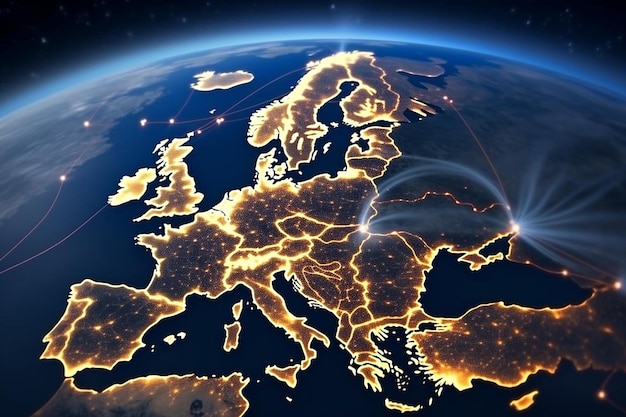 사진 우주 에서 볼 수 있는 유럽 위 의 세계 통신 네트워크