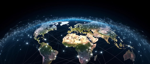 Global telecommunication network around the World with connections between data centers or satellite