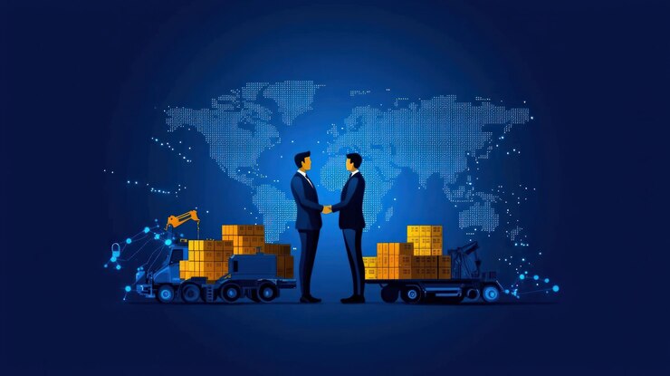 फोटो global trade in manufacturing international partnerships and agreements flat design illustration