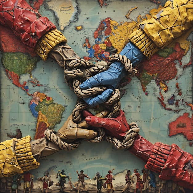 Global Unity Concept with Colorful Hands Sculpture on World Map