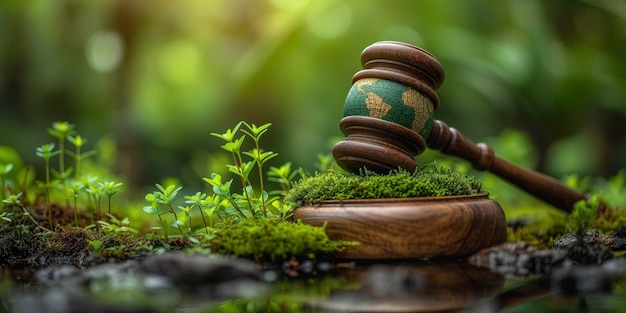 Global Values Unite Gavel and Green Eco Earth Globe A Concept Symbolizing International Law Sustaina