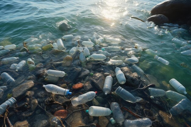 Global warming Spilled garbage on the beach of the big city Empty dirty plastic bottles in the sea Environmental pollution Ecological problem