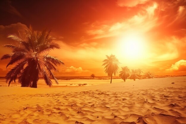 Global warming with dead tree silhouettes against scorching sunset and a drought cracked desert