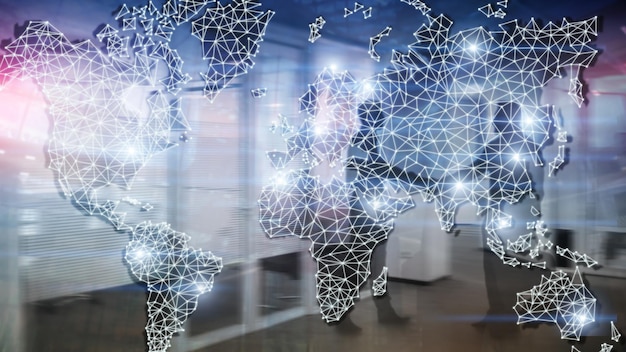 Foto global world map double exposure network telecommunication business internazionale internet e concetto tecnologico