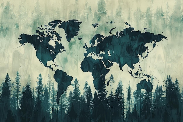 Global World Map Silhouetted Over Forest Trees