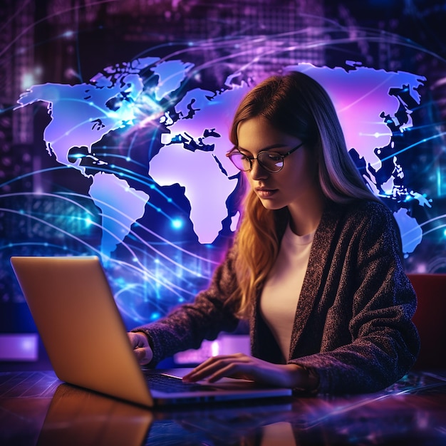 グローバル・テクノロジー・コンセプト 世界地図のネオン背景でコンピューターで書く女性