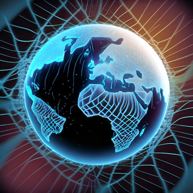 Photo global world telecommunication network with nodes connected around earth