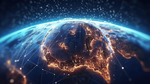グローバルな World Wide Web と地球上の電気通信暗号通貨ブロックチェーンとモノのインターネット未来の革新的テクノロジージェネレーティブ AI