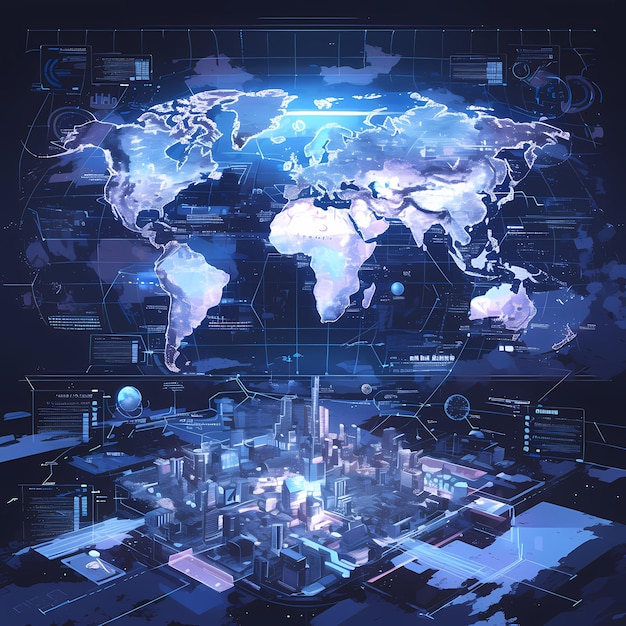 Globale connectiviteit en innovatie: een illustratie van een futuristisch stadslandschap