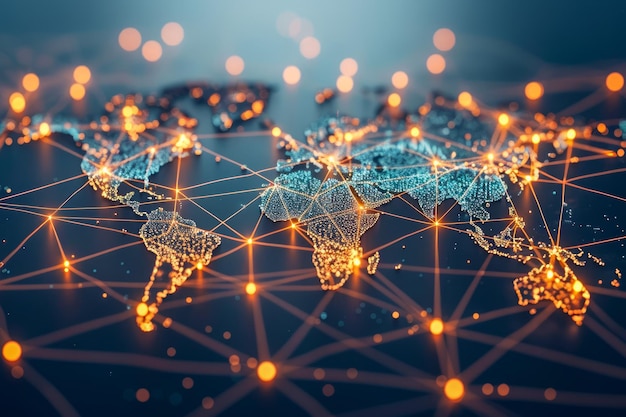 Foto globale netwerkconnectiviteit met digitale knooppunten en links op een wereldkaart geïllustreerd met goud