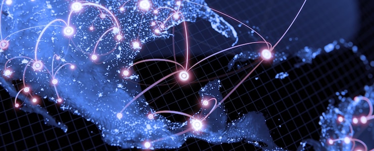 Foto globalisering en communicatie concept aarde en lichtgevende stralen 3d-rendering