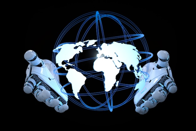 Globaliseringsconcept met 3D-rendering robot hand met globe
