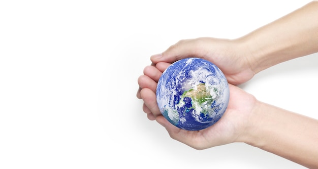 Globe, aarde in menselijke hand. Aardebeeld geleverd door NASA