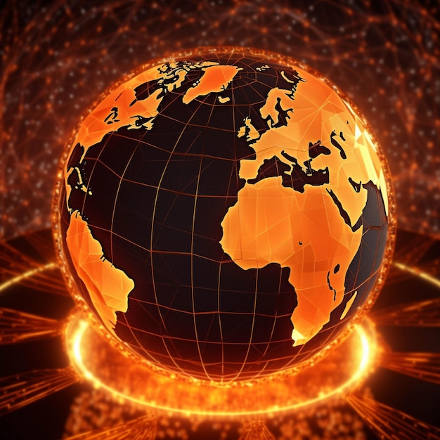 Globe on abstract technology background glowing lines and particles 3D illustration