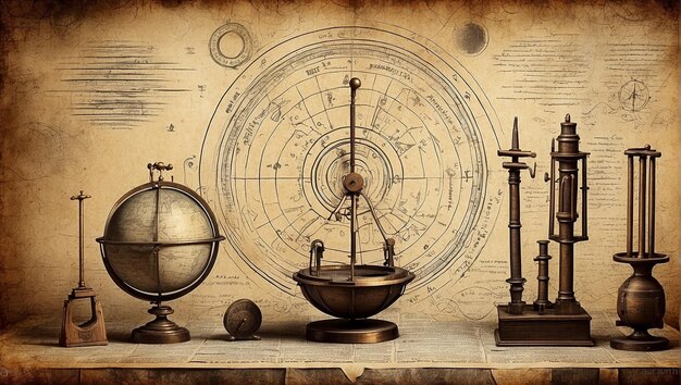 A globe an armillary sphere and other scientific instruments on a table